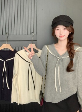 秋冬学院风海军领辣妈外出哺乳针织衫宽松遮肚产后喂奶打底衫上衣