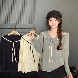 秋冬学院风海军领辣妈外出哺乳针织衫 上衣 宽松遮肚产后喂奶打底衫