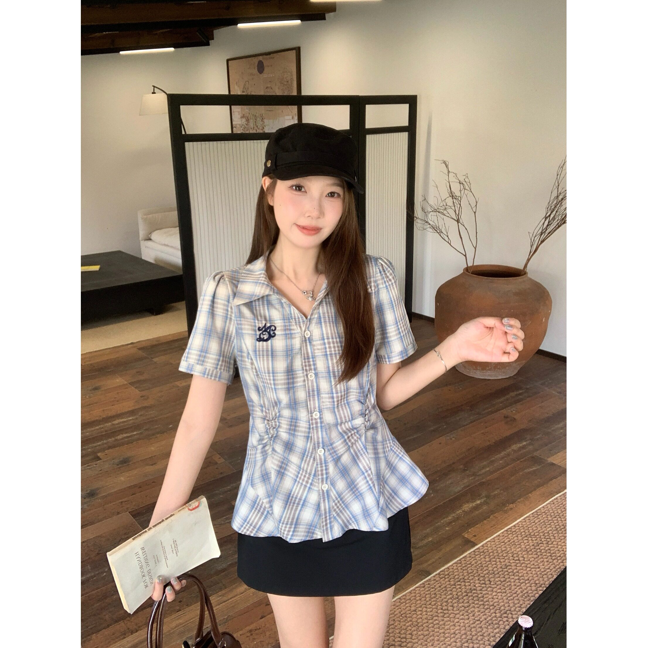 夏季蓝格收腰短袖哺乳衬衫大码