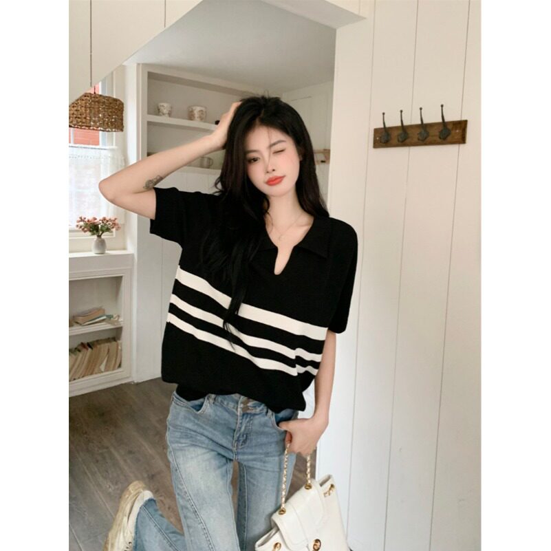 夏季辣妈外出哺乳短袖polo领条纹大码冰丝针织衫宽松产后喂奶上衣