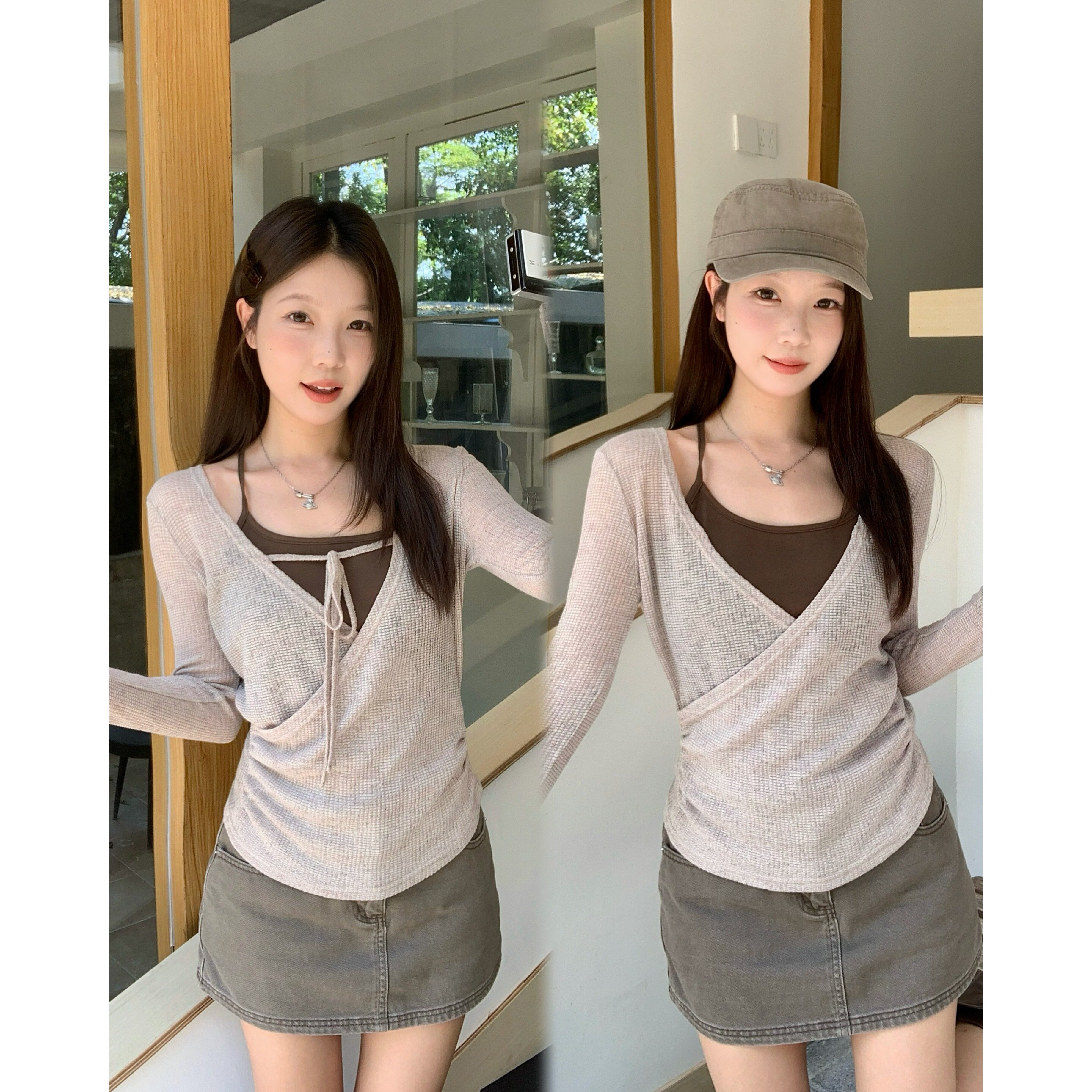 秋季韩系大码V领绑带辣妈款外出哺乳长袖挂脖吊带产后喂奶两件套