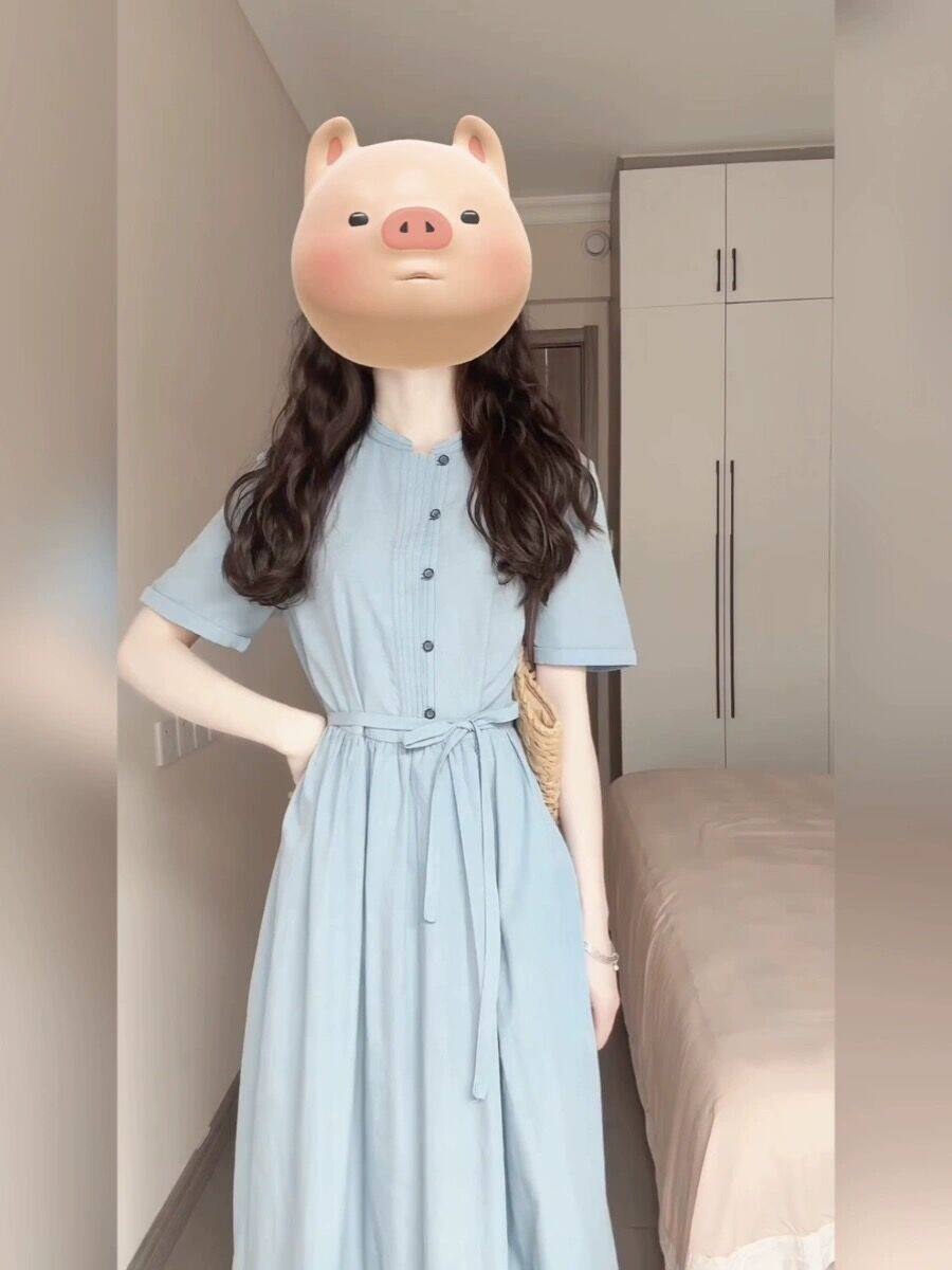 프렌치 블루 플리츠 핫 맘 스타일 아웃 앤 아웃 간호 셔츠 드레스 여름 허리 슬리밍 산후 간호 롱 스커트