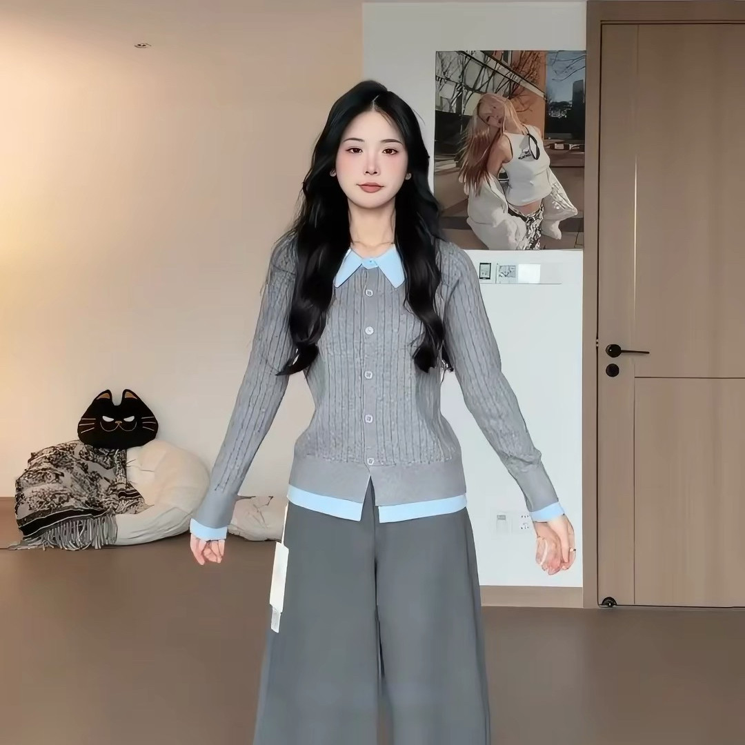 秋冬POLO领假两件哺乳针织开衫