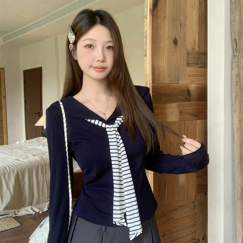 秋季辣妈外出哺乳长袖t恤打底衫复古海军领显瘦大码产后喂奶上衣