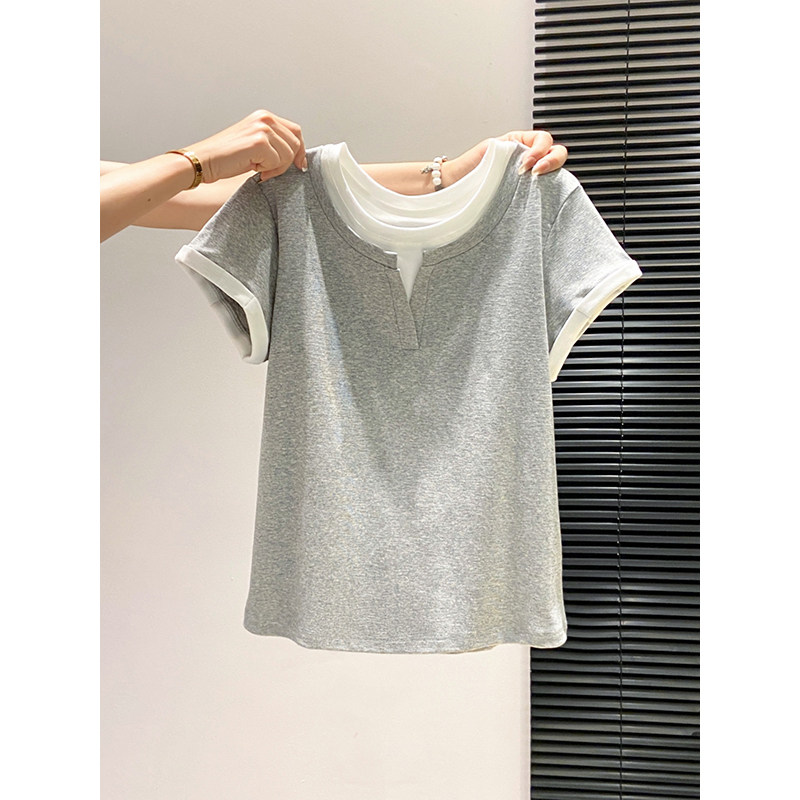 撞色拼接假两件短袖辣妈外出哺乳纯棉t恤简约休闲产后喂奶上衣夏