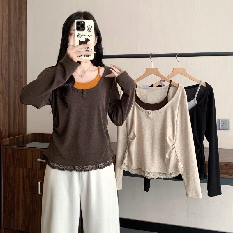 秋季辣妈款外出哺乳长袖设计感蕾丝大码假两件T恤产后喂奶服上衣
