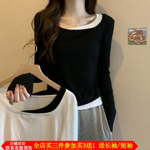 大码撞色假两件方领辣妈款外出哺乳长袖t恤秋季打底产后喂奶上衣