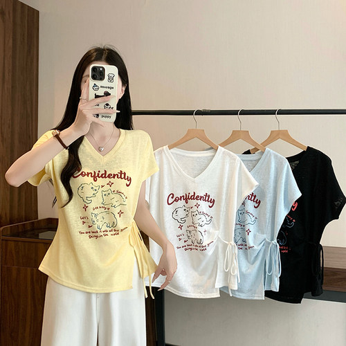 夏季大码V领绑带哺乳短袖T恤