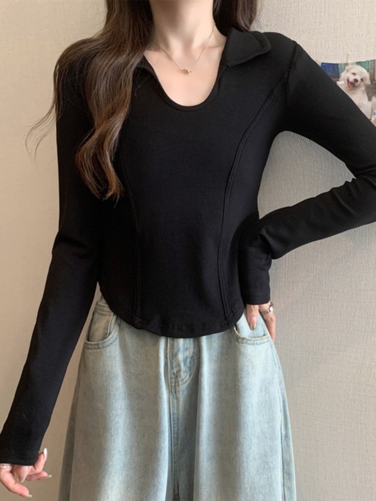 폴로 칼라 외출 모유 수유 핫맘 긴팔 가을 겨울 이너 U 넥 순면 티셔츠 산후 수유 의류 피시 본 탑