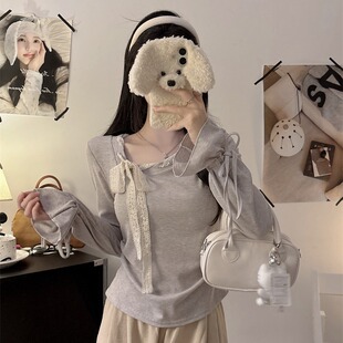 蝴蝶结系带收腰显瘦产后喂奶打底上衣 外出哺乳T恤秋季 法式 辣妈款