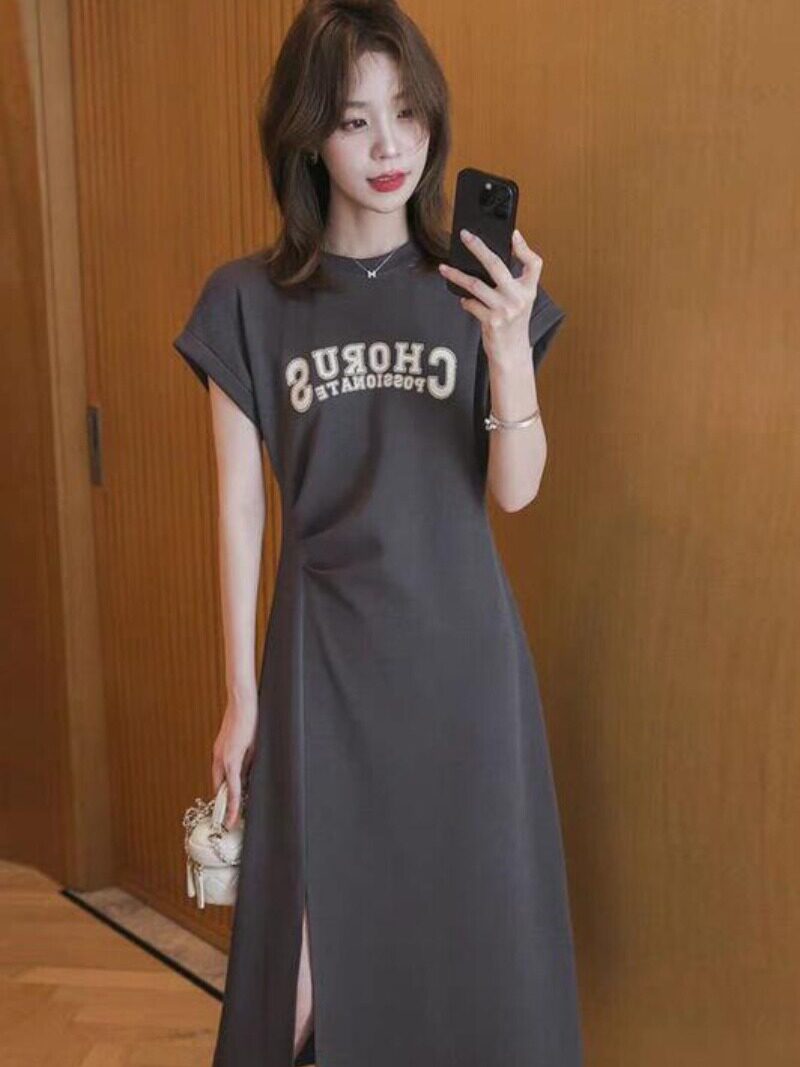 뜨거운 엄마 스타일 외출 모유 수유 티셔츠 스커트 라운드 넥 편지 프린트 드레스 허리 슬릿 산후 간호 스커트 여름