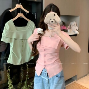 夏季哺乳装外出时尚法式方领大码短袖遮肉显瘦纯棉产后喂奶服上衣