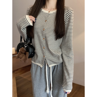 长袖 秋季 6羊毛显瘦开衫 条纹辣妈外出哺乳针织衫 产后喂奶上衣 韩版
