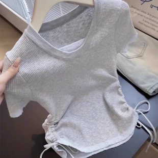 针织衫 新款 抽绳收腰短袖 女假两件夏季 上衣 设计感小众修身 显瘦短款
