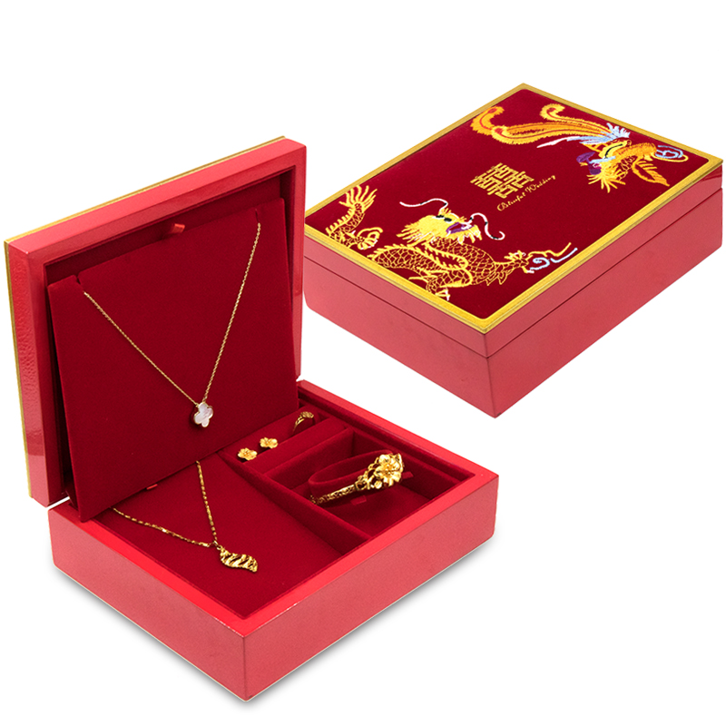 精致红色结婚三金首饰盒陪嫁黄金戒指项链套装嫁妆龙凤手镯收纳盒
