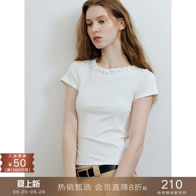 popchrio◆手工钉珠亮片小飞短袖圆领棉T恤修身显瘦韩系上衣女夏 - 实物图
