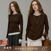 popchrio 上衣女 t恤打底衫 绒感抗菌撞色假两件圆领长袖 宽松修身