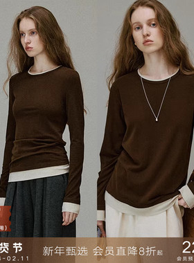 popchrio◆绒感抗菌撞色假两件圆领长袖宽松修身t恤打底衫上衣女