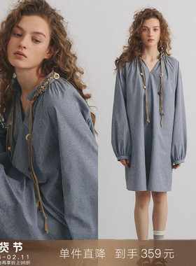 【到手359元】设计感小众V领泡泡长袖连衣裙小个子气质宽松裙子女