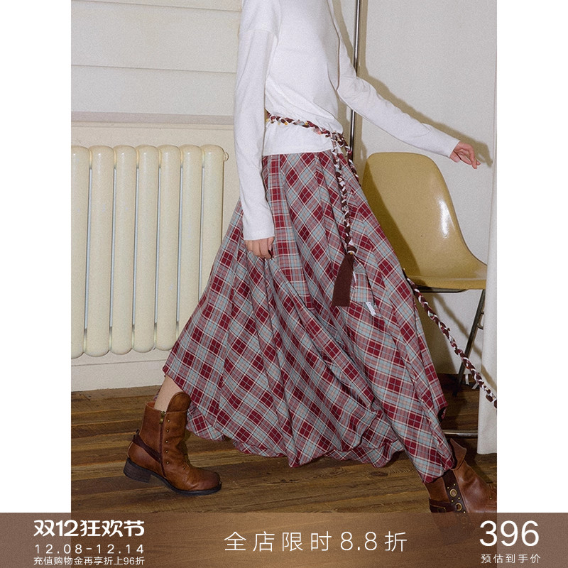 popchrio复古格子不规则半身裙