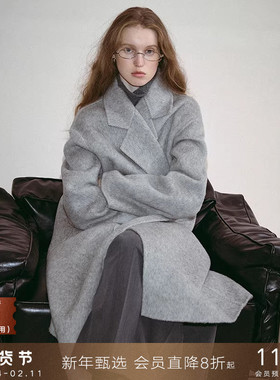 popchrio◆驼绒羊毛混纺廓型双面呢子大衣无羊绒外套中长款女冬季