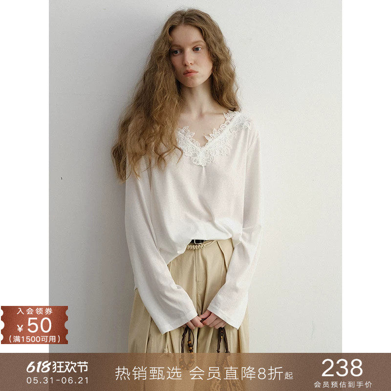 popchrio◆薄款莱赛尔法式V领蕾丝花边宽松长袖物理防晒罩衫T恤女
