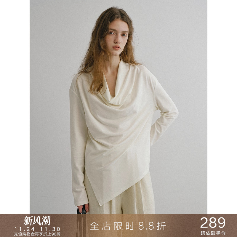 popchrio绒面荡领长袖棉T恤上衣