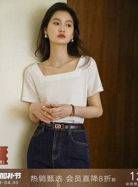popchrio◆CHAO好穿のV领复古方领白色宽松短袖T恤半袖锁骨上衣女