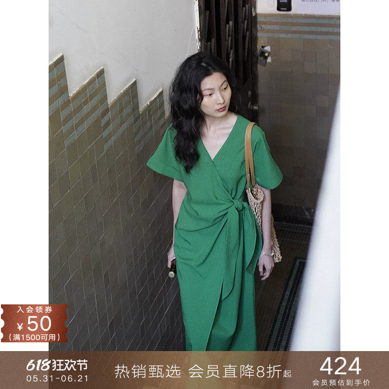 popchrio◆设计感法式气质收腰交叉系带短袖连衣裙显瘦长裙子女夏