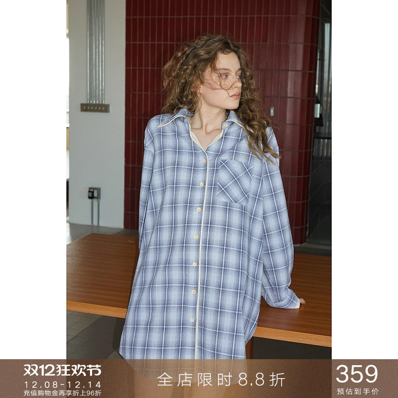 popchrio◆设计感假两件格子衬衫裙子叠穿长袖休闲连衣裙中长款女