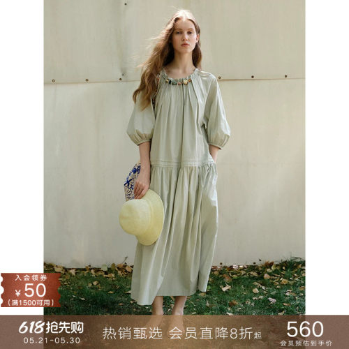 popchrio莱赛尔棉泡泡袖连衣裙