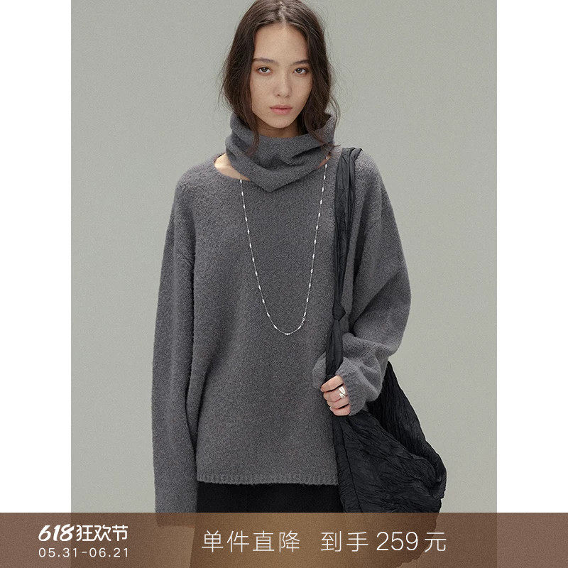 【到手259元】项链装饰围脖圆领羊毛套头毛衣宽松慵懒针织衫上衣