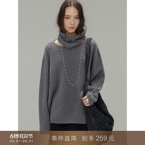 popchrio围脖圆领羊毛套头毛衣
