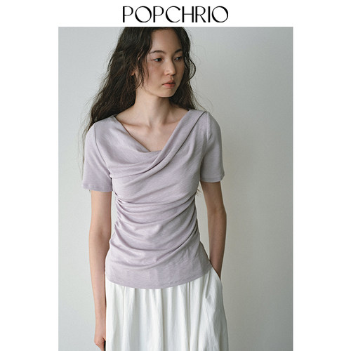 POPCHRIO 欧可芮褶皱荡领T恤+格纹半裙