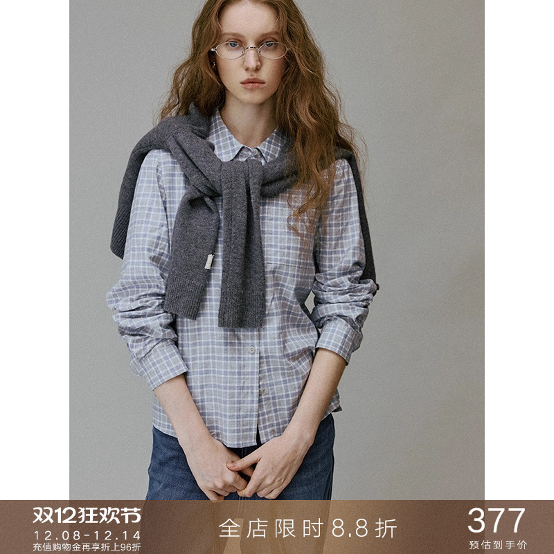 popchrio娃娃领磨毛格子衬衫