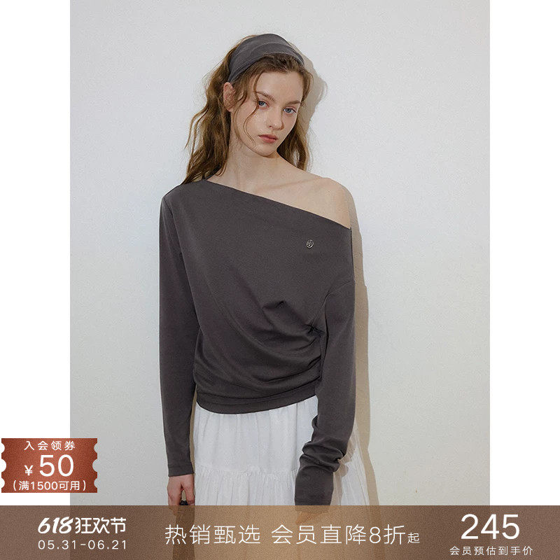 popchrio◆发带套装复古莱赛尔棉一字领露斜肩长袖T恤衫锁骨上衣