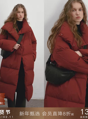 popchrio◆新年红色加厚90白鸭绒立领过膝羽绒服保暖外套中长款女