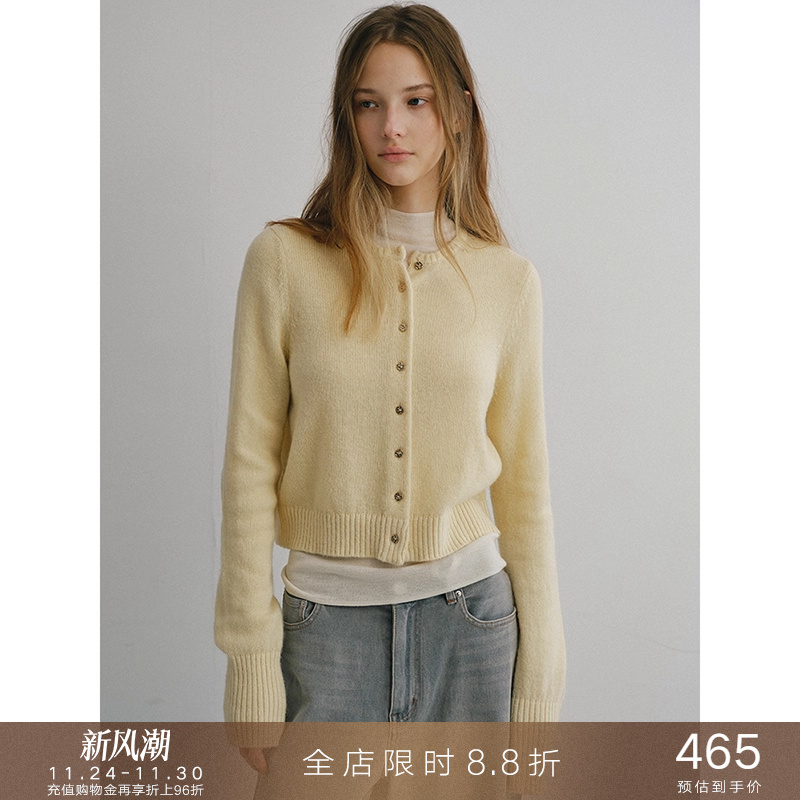 popchrio软糯羊驼毛圆领针织开衫