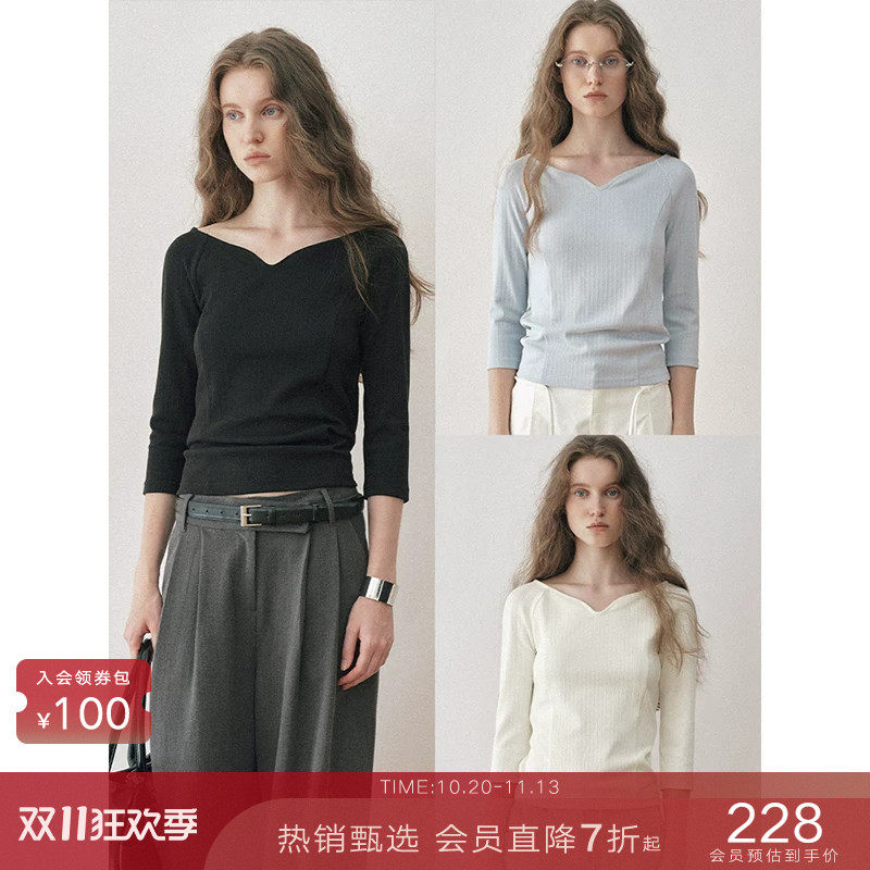 popchrio◆法式海鸥v领七分中长袖T恤衫黑色打底内搭修身上衣女秋
