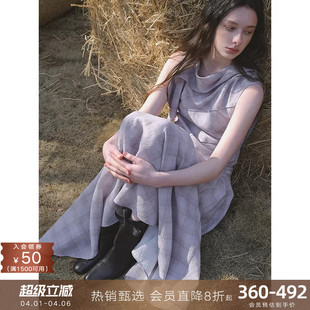 popchrio 格子衬衫 格纹a字半身裙套装 女 莫代尔不规则飘带领无袖