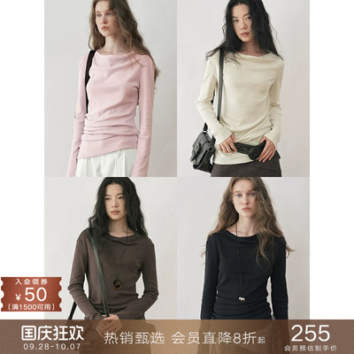 popchrio不规则褶皱荡领长袖T恤