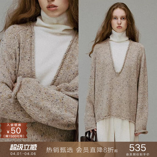 女冬季 慵懒风v领宽松套头卷边羊毛毛衣叠穿针织打底衫 popchrio