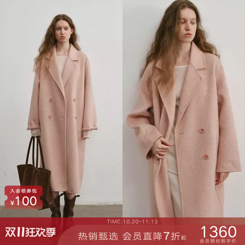 popchrio◆加厚含驼绒廓形西装领双面呢羊毛大衣呢子中长款外套女