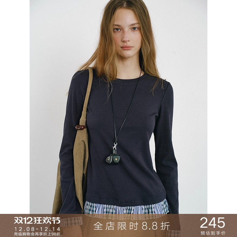 popchriomiu风格纹花边拼接T恤