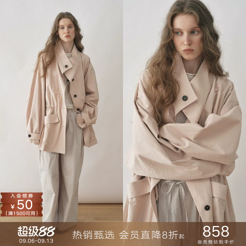 popchrio◆松弛感立领抽绳风衣收腰宽松中长款工装上衣外套女春秋