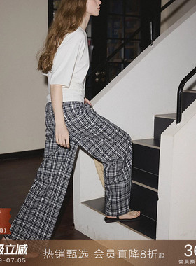 popchrio◆美式松弛感蓝色格子休闲裤宽松显瘦直筒拖地长裤子女夏