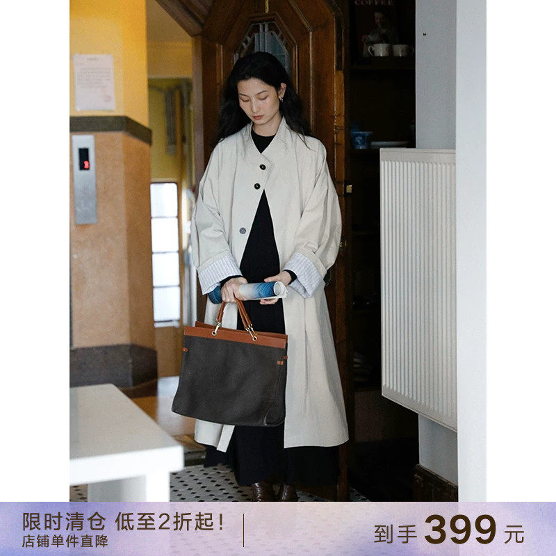 【到手399元】肌理皱感棉立领复古宽松廓形韩系风衣中长款外套女