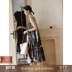 popchrio◆水墨扎染 纯棉宽松无袖背心吊带A字连衣裙中长款裙子女