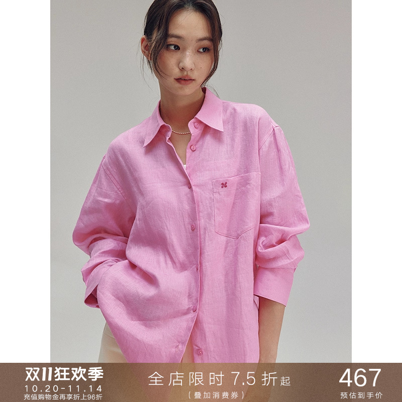 慵懒风亚麻长袖刺绣衬衫