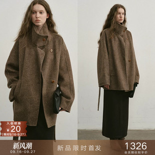 09/16新品 复古设计感立领含驼绒收腰双面毛呢大衣短款羊毛外套女
